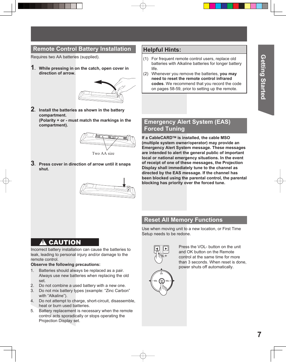 Getting start ed, Caution, Emergency alert system ( eas) forced tuning | Remote control battery installation, Helpful hints | Panasonic PT 56DLX75 User Manual | Page 7 / 80