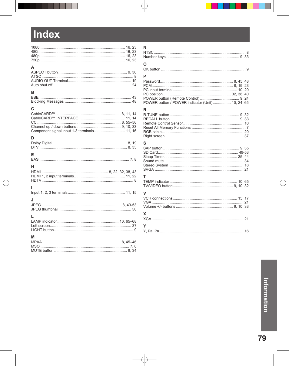 Index, Information | Panasonic PT 56DLX75 User Manual | Page 79 / 80