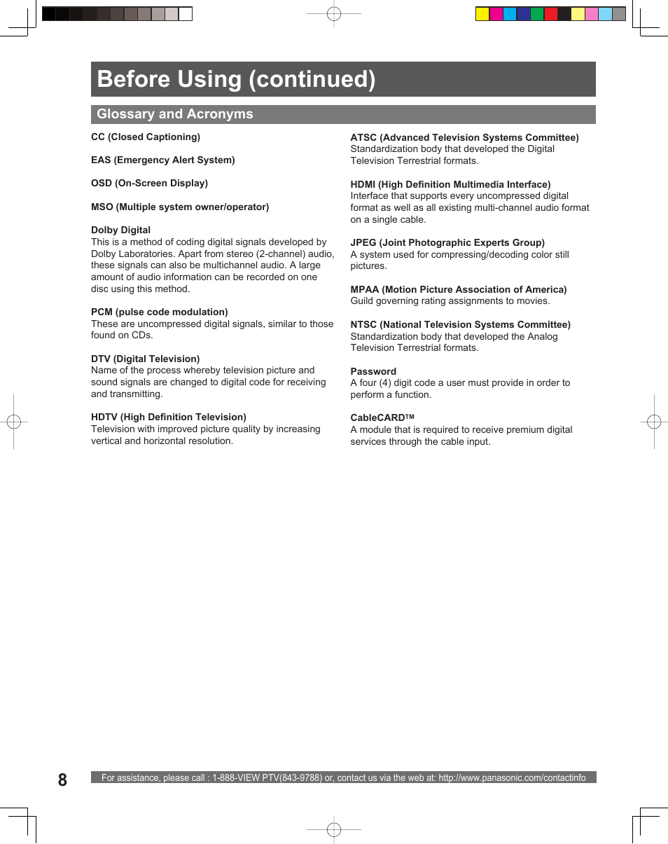 Before using (continued), Glossary and acronyms | Panasonic PT 56DLX75 User Manual | Page 8 / 80