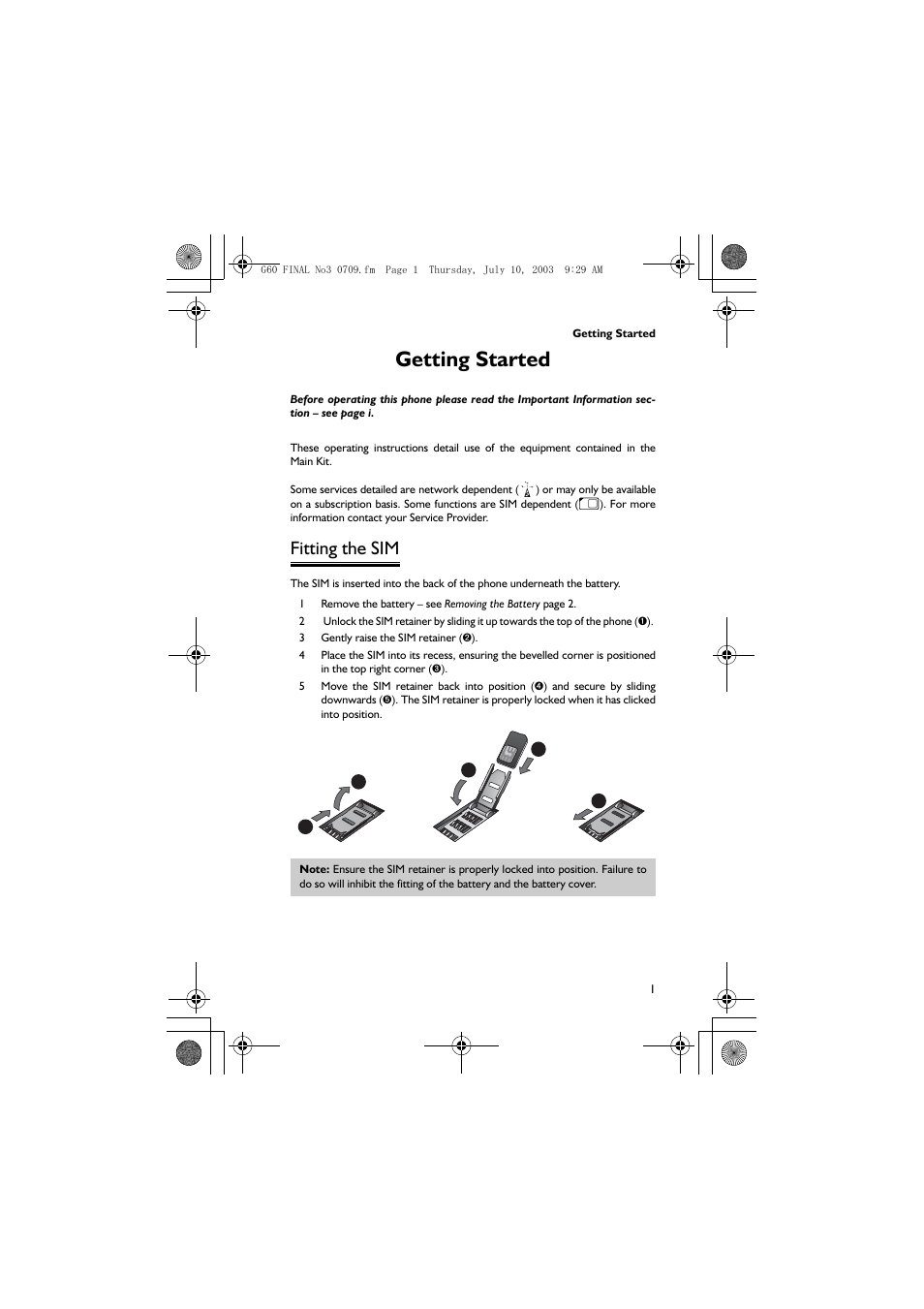 Getting started, Fitting the sim | Panasonic EB-G60 User Manual | Page 12 / 111