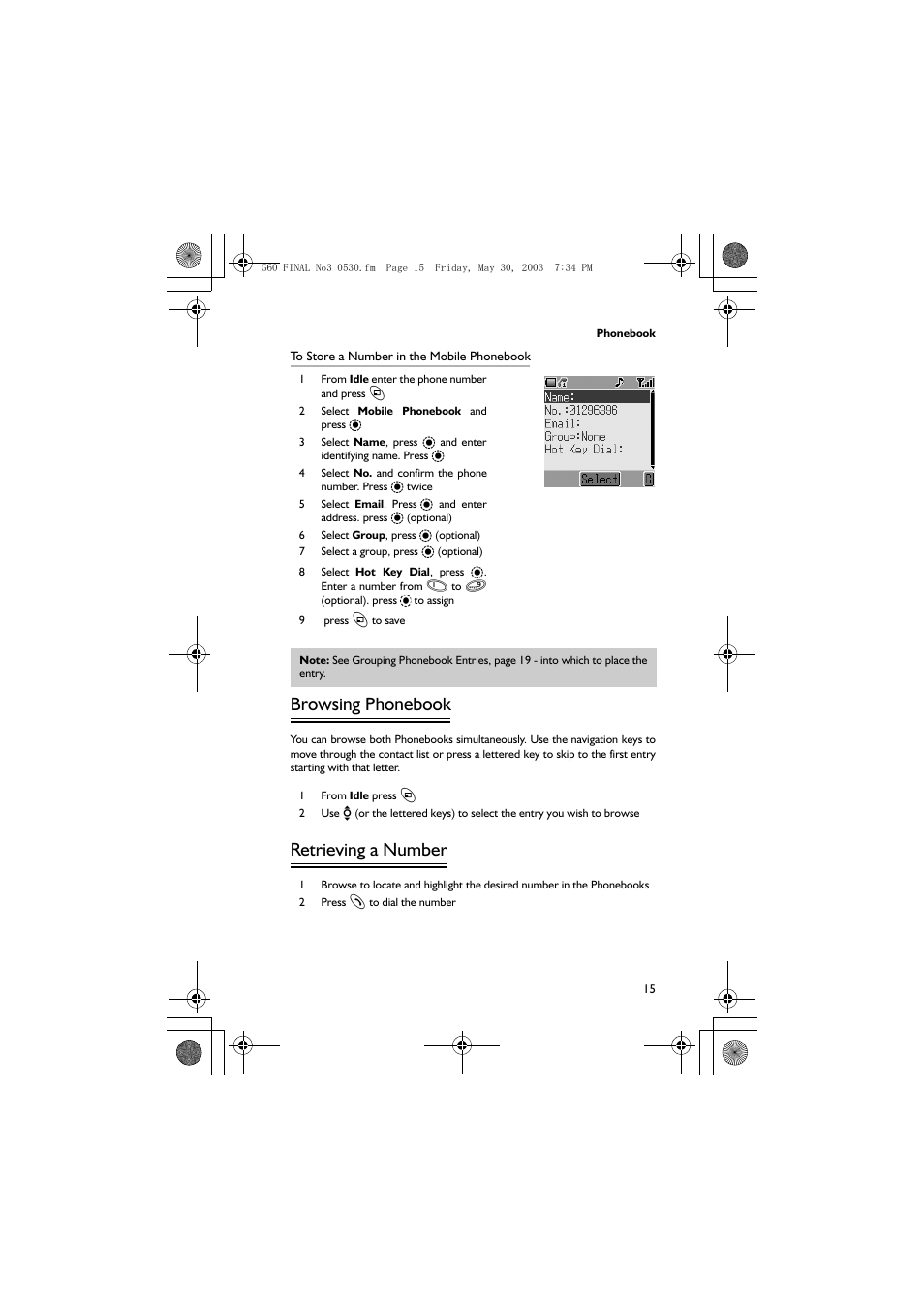 Browsing phonebook, Retrieving a number | Panasonic EB-G60 User Manual | Page 26 / 111