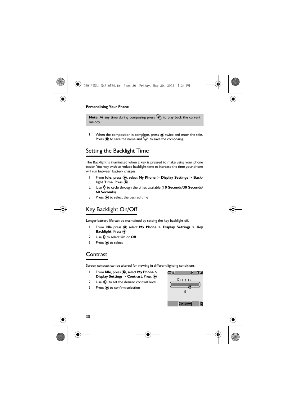 Setting the backlight time, Key backlight on/off, Contrast | Panasonic EB-G60 User Manual | Page 41 / 111