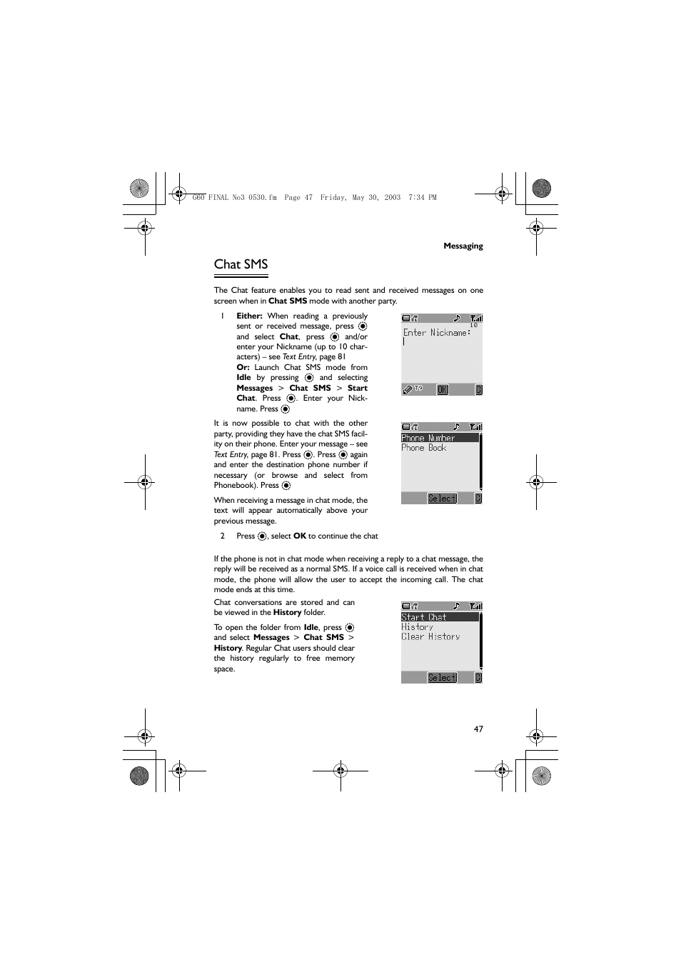 Chat sms | Panasonic EB-G60 User Manual | Page 58 / 111