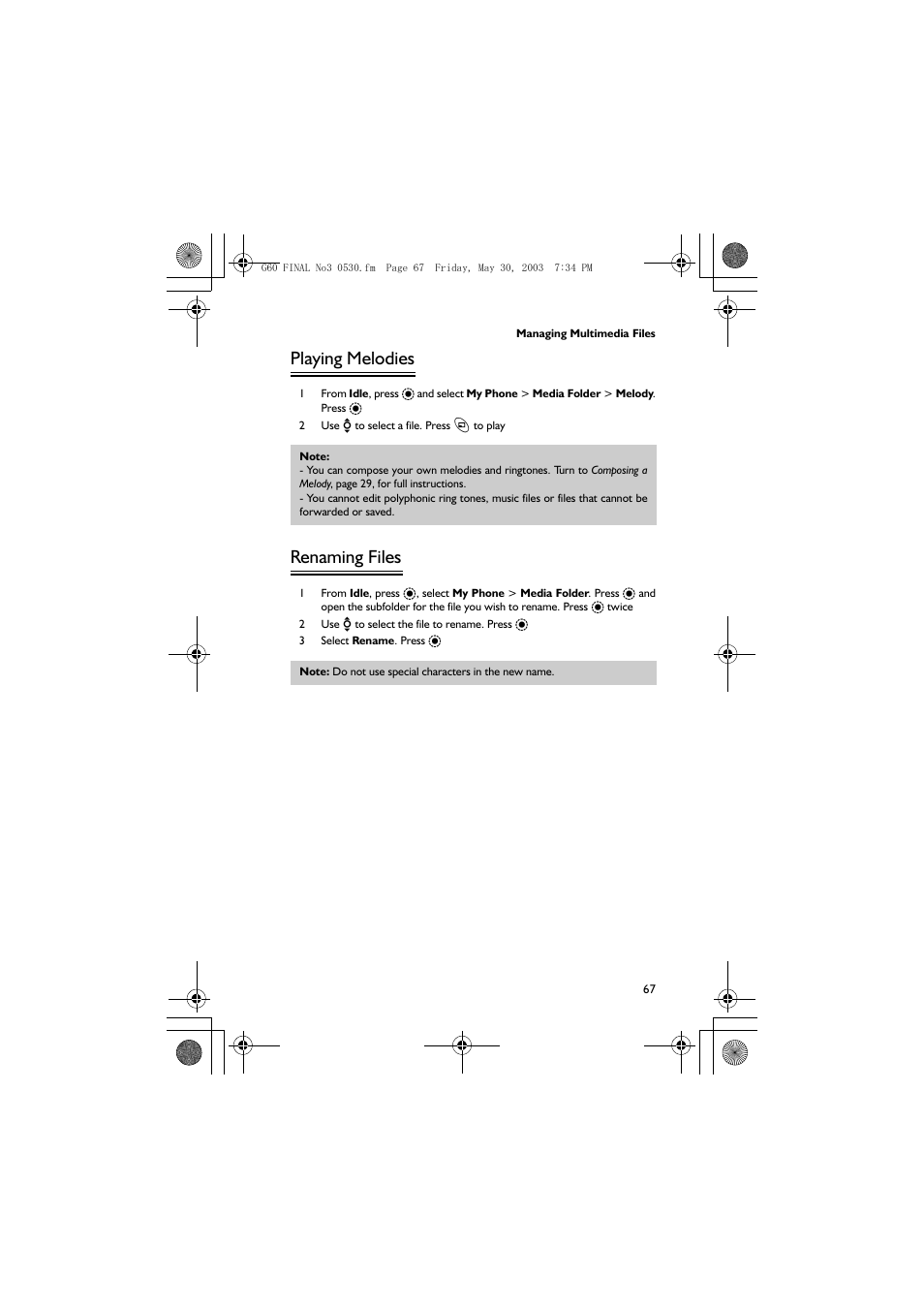 Playing melodies, Renaming files | Panasonic EB-G60 User Manual | Page 78 / 111