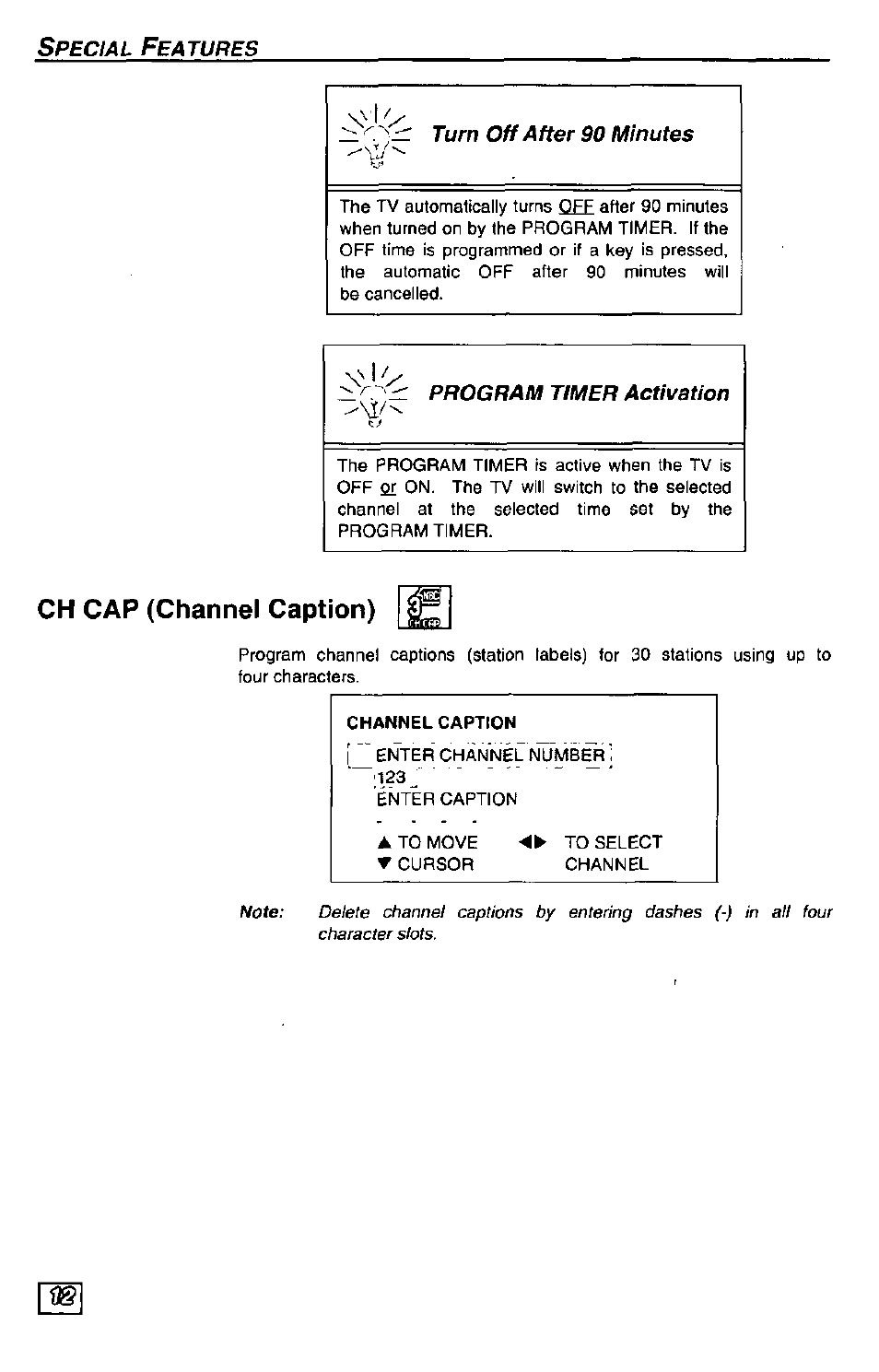 Ch cap (channel caption), Pecial, Eatures | Panasonic Color Television CT-27G24 User Manual | Page 12 / 32