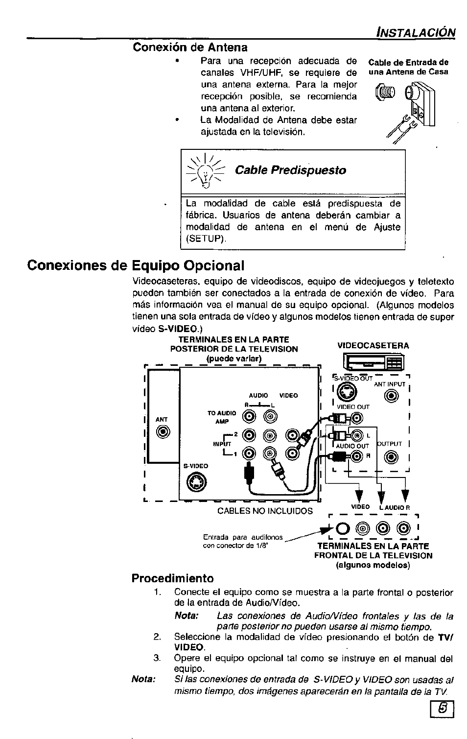 Conexión de antena, Conexiones de equipo opcional, Conexión de cable | Procedimiento, Nstalación | Panasonic Color Television CT-27G24 User Manual | Page 21 / 32