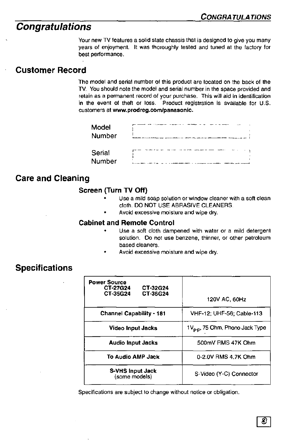 Customer record, Care and cleaning, Screen (turn tv off) | Specifications | Panasonic Color Television CT-27G24 User Manual | Page 3 / 32