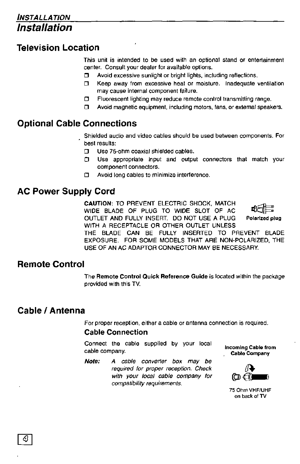 Television location, Optional cable connections, Ac power supply cord | Remote control, Cable/antenna, Cable / antenna, Instaliation, Installation, Cable connection | Panasonic Color Television CT-27G24 User Manual | Page 4 / 32