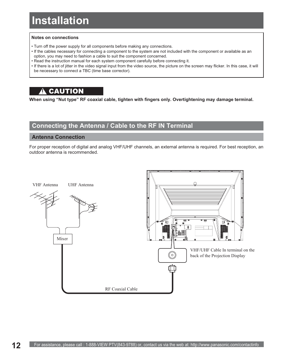 Installation, Caution | Panasonic PT 56DLX25 User Manual | Page 12 / 80