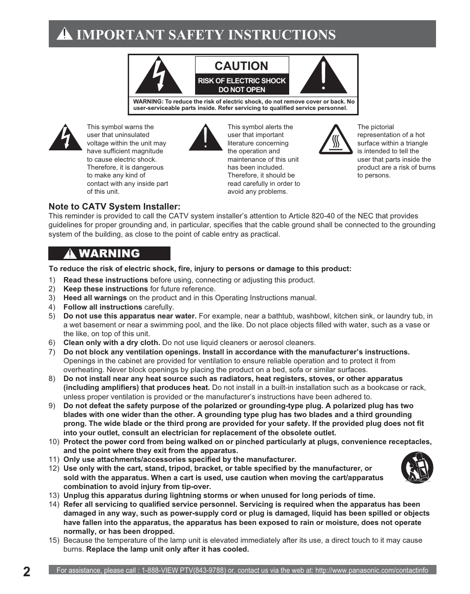 Getting started, Important safety instructions, Caution | Warning | Panasonic PT 56DLX25 User Manual | Page 2 / 80