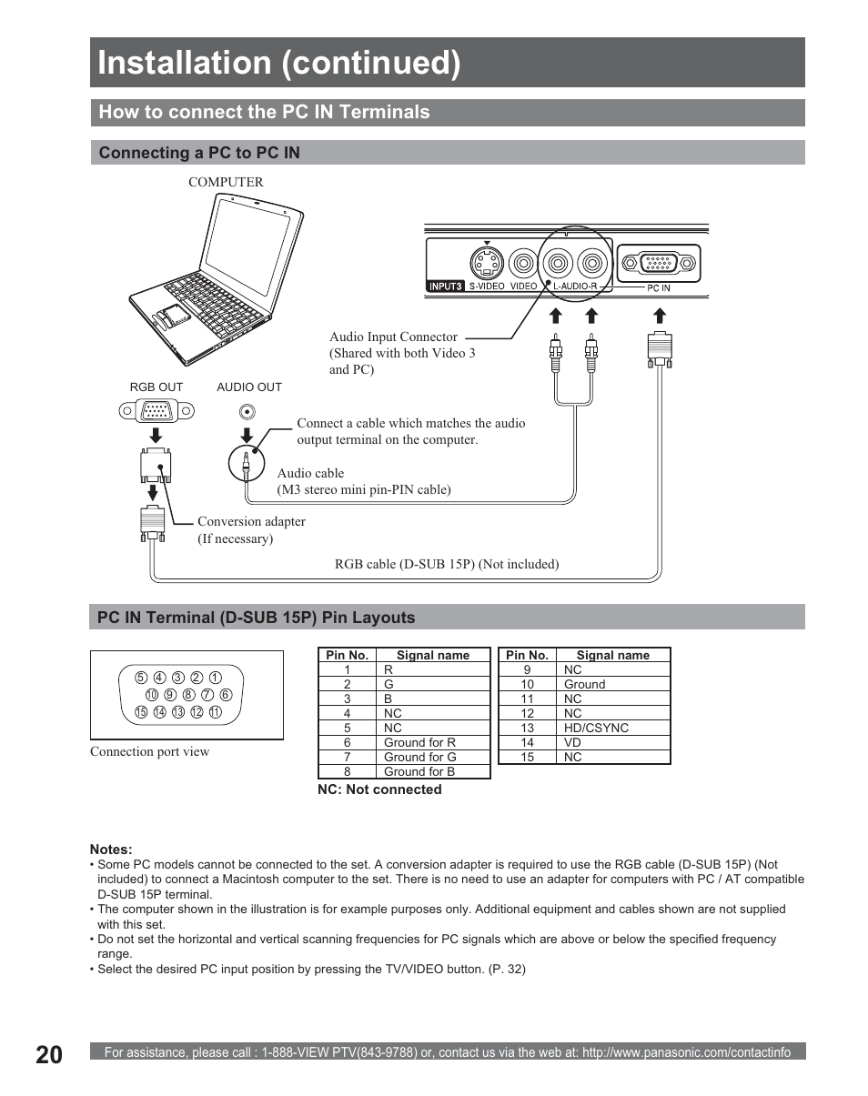 Installation (continued), How to connect the pc in terminals, Pc in terminal (d-sub 15p) pin layouts | Connecting a pc to pc in | Panasonic PT 56DLX25 User Manual | Page 20 / 80