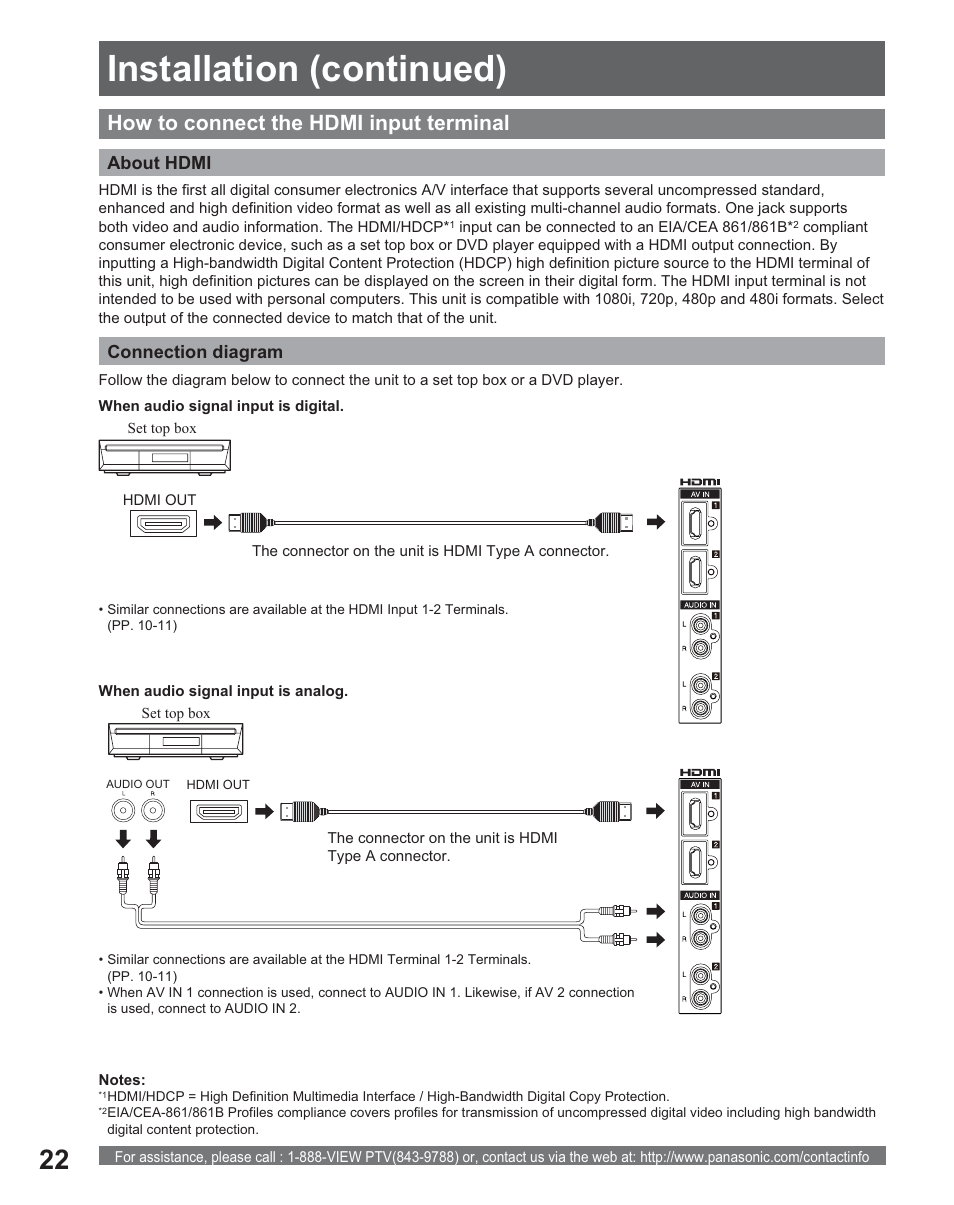 Installation (continued), How to connect the hdmi input terminal | Panasonic PT 56DLX25 User Manual | Page 22 / 80