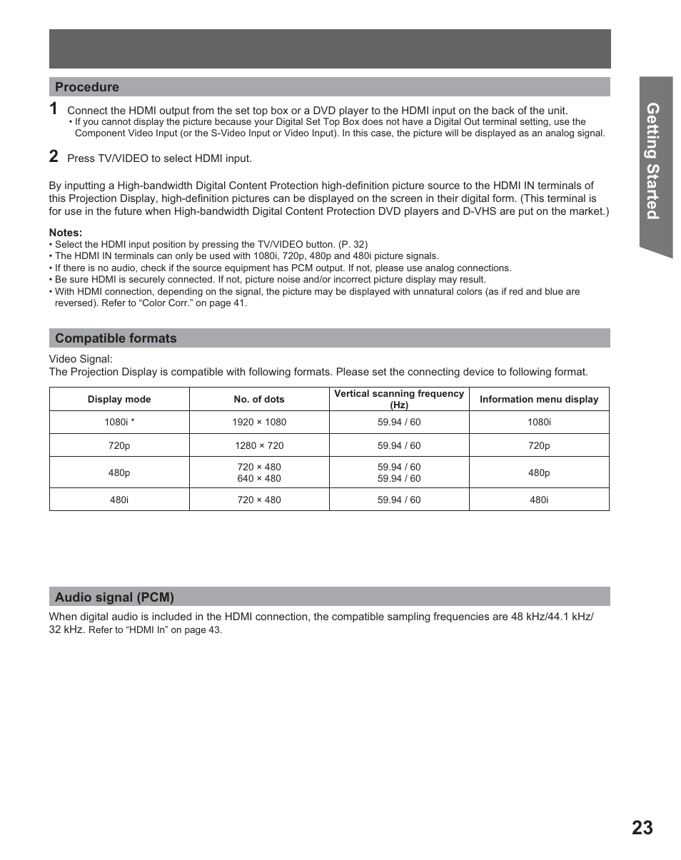 Getting start ed | Panasonic PT 56DLX25 User Manual | Page 23 / 80