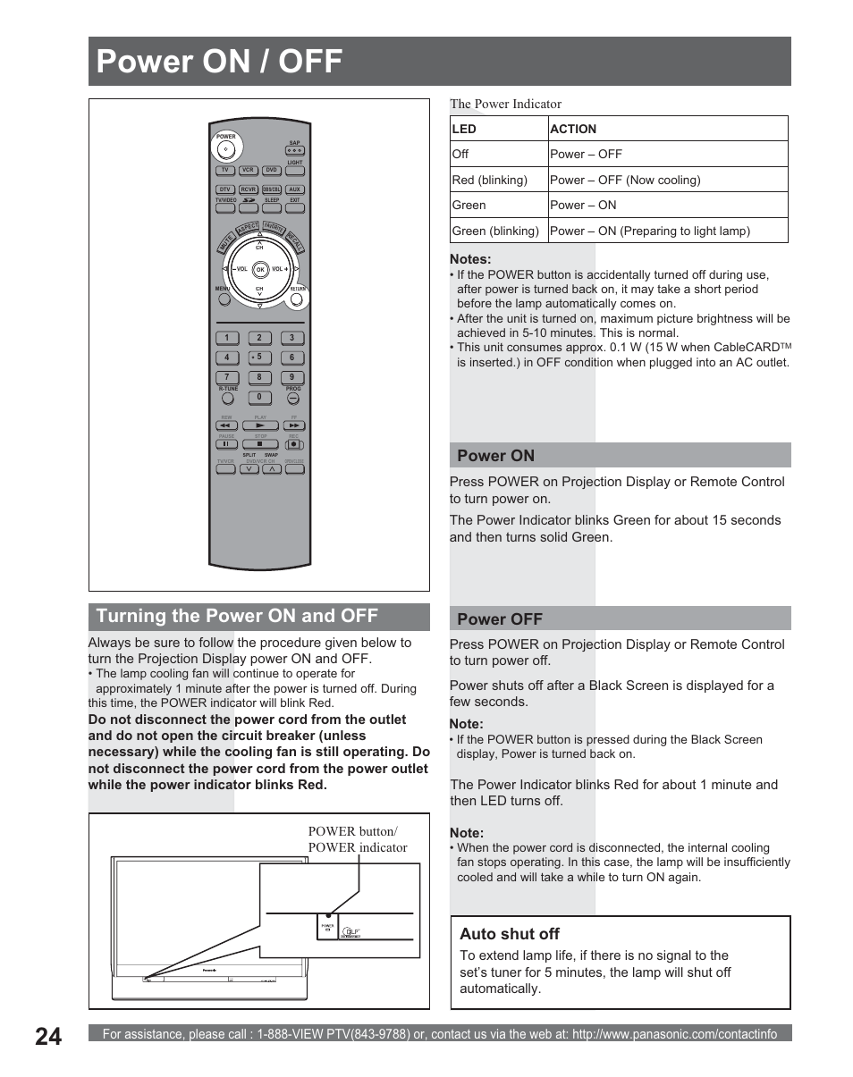 Basic operation, Power on/off, Power on / off | Turning the power on and off, Power on power off, Auto shut off | Panasonic PT 56DLX25 User Manual | Page 24 / 80