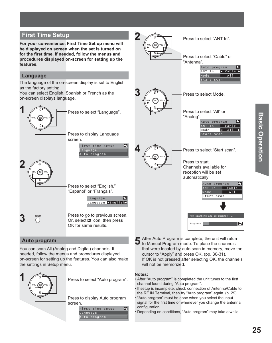 Basic operation, First time setup, Auto program | Language | Panasonic PT 56DLX25 User Manual | Page 25 / 80