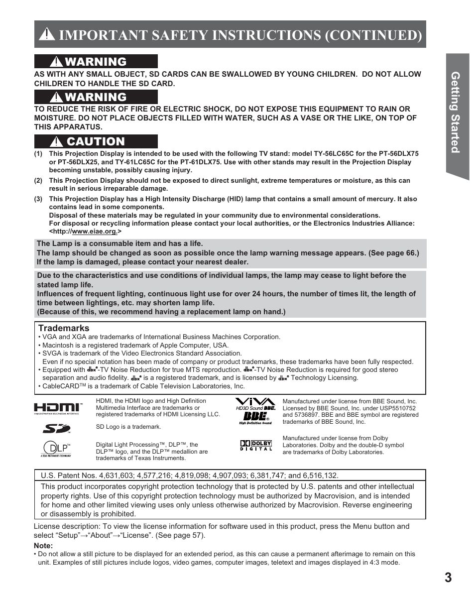 Important safety instructions (continued), Getting start ed, Warning | Caution | Panasonic PT 56DLX25 User Manual | Page 3 / 80
