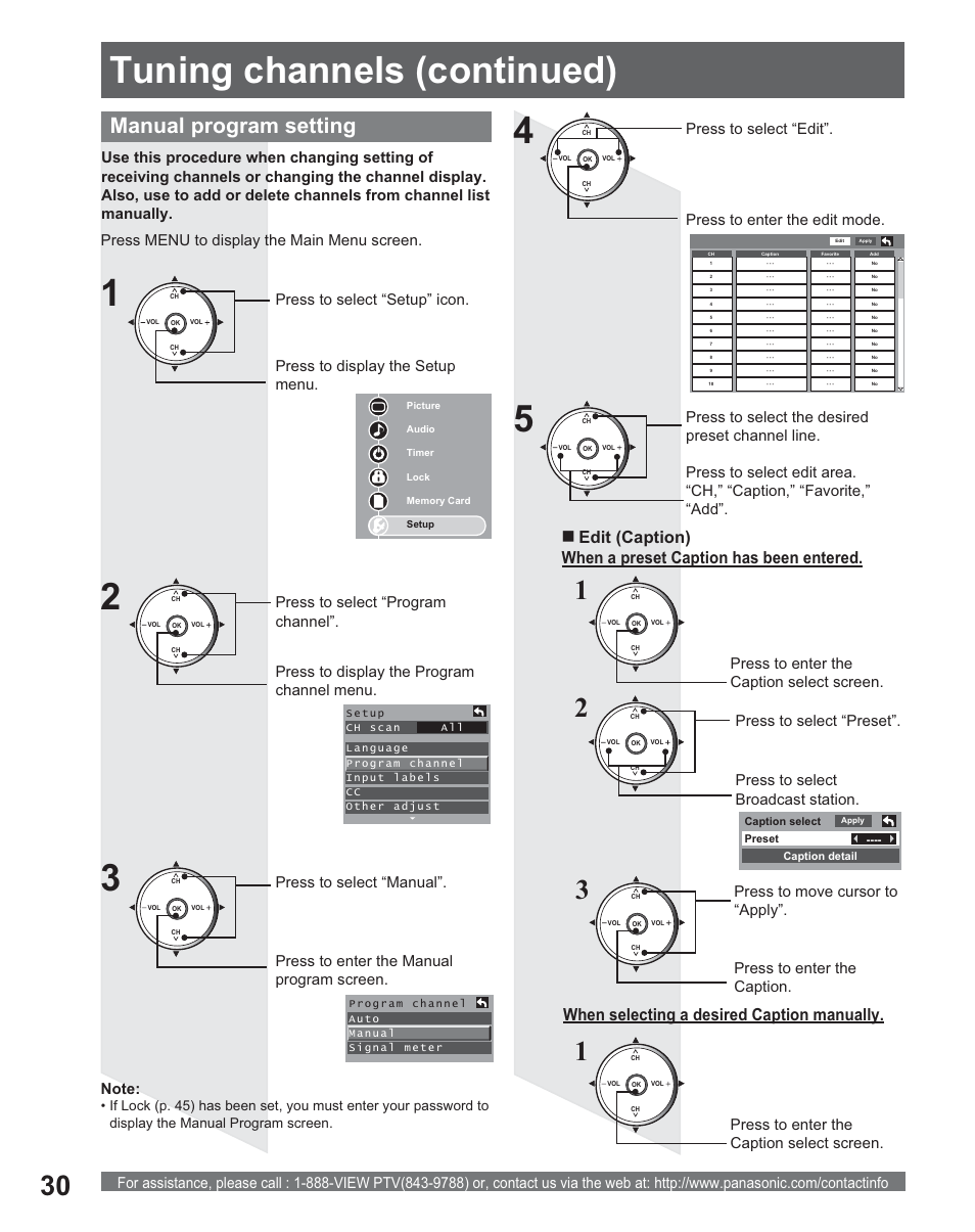 45 tuning channels (continued), Manual program setting, Edit (caption) | Press to enter the manual program screen, Press to enter the caption select screen | Panasonic PT 56DLX25 User Manual | Page 30 / 80