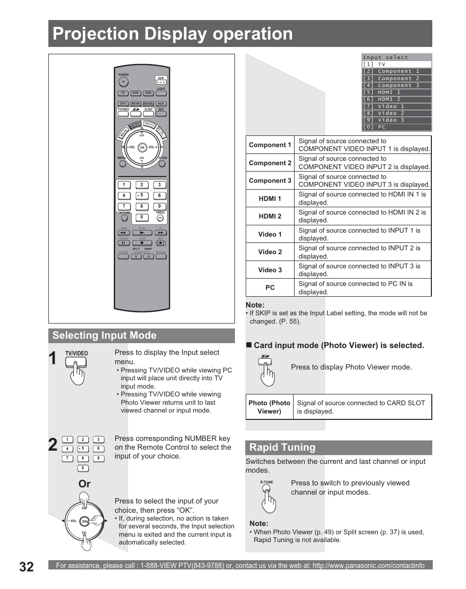 Projection display operation, Rapid tuning, Selecting input mode | Card input mode (photo viewer) is selected, Press to display photo viewer mode | Panasonic PT 56DLX25 User Manual | Page 32 / 80