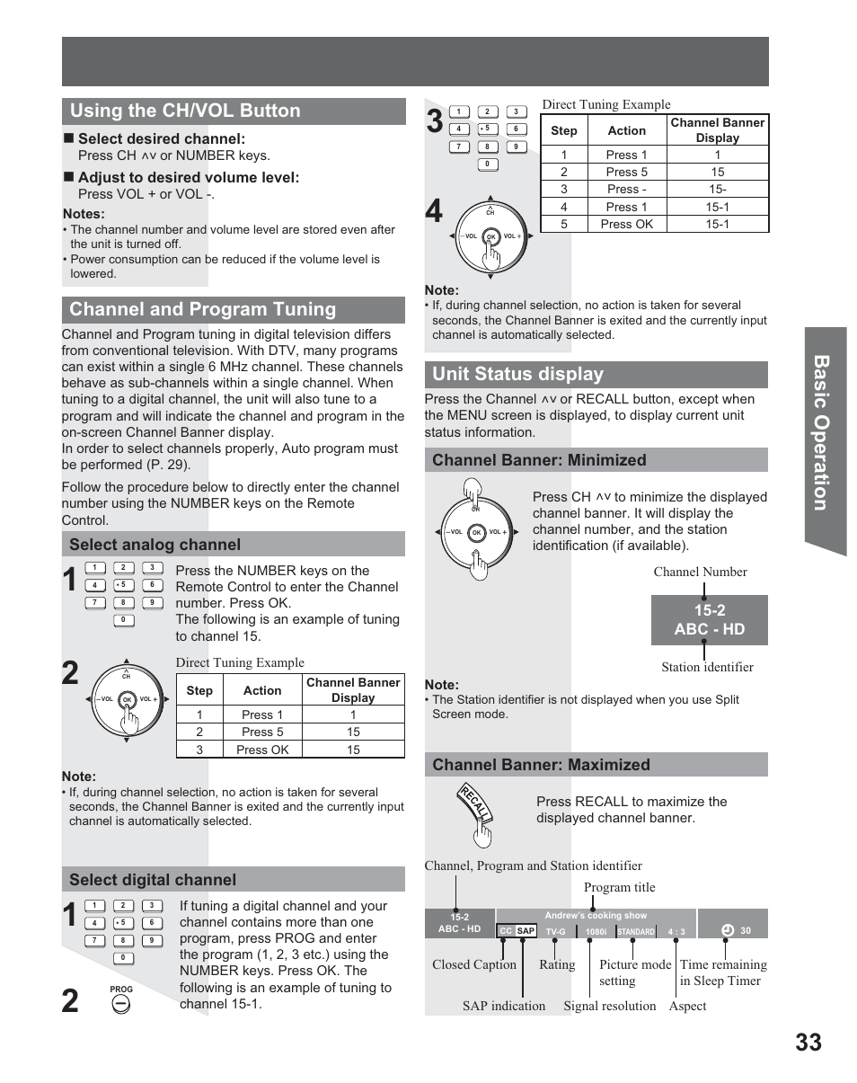 Basic operation, Channel and program tuning, Unit status display | Using the ch/vol button, Select analog channel select digital channel, Channel banner: minimized, Channel banner: maximized, 2 abc - hd | Panasonic PT 56DLX25 User Manual | Page 33 / 80