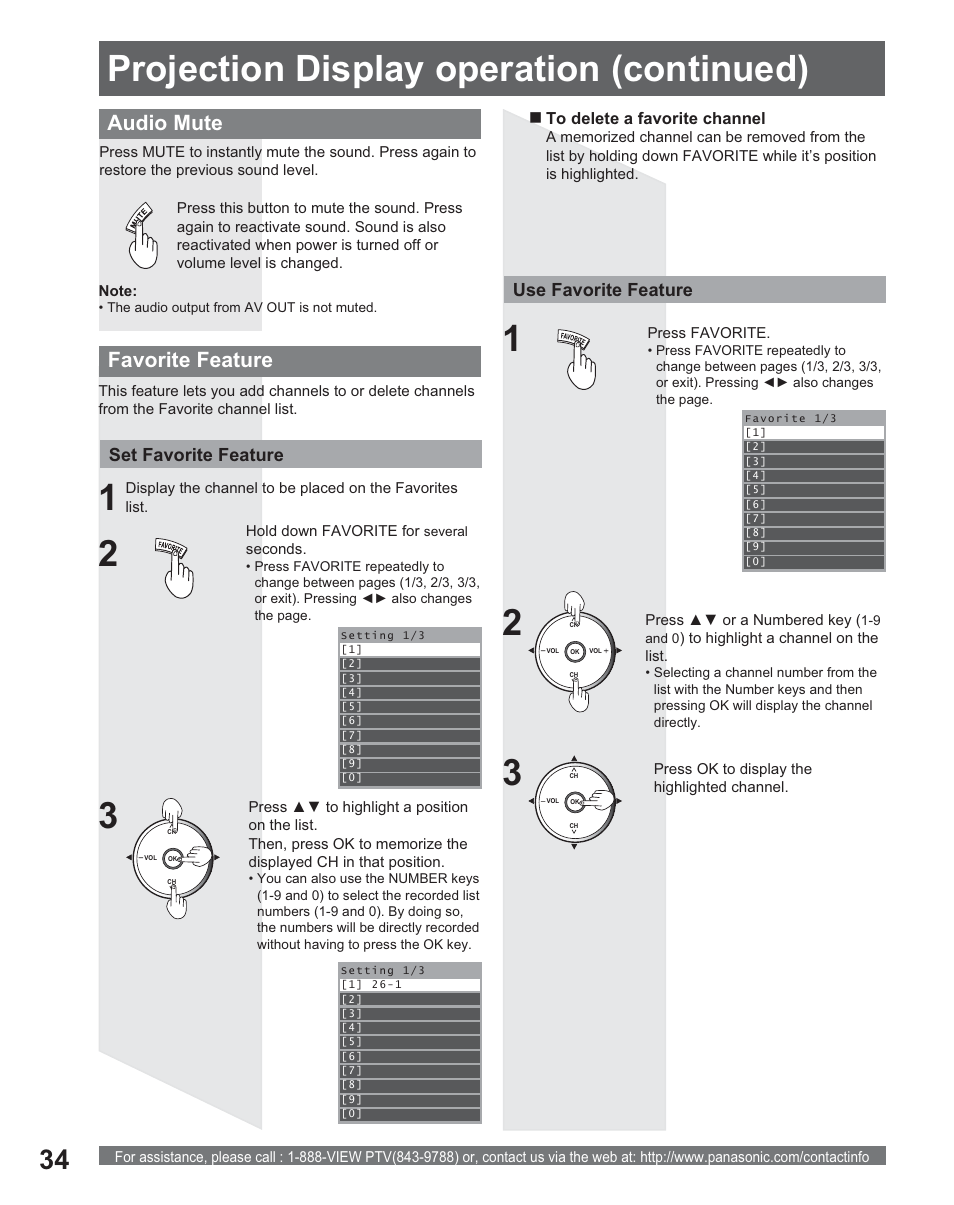 3projection display operation (continued), Audio mute, Favorite feature | Panasonic PT 56DLX25 User Manual | Page 34 / 80