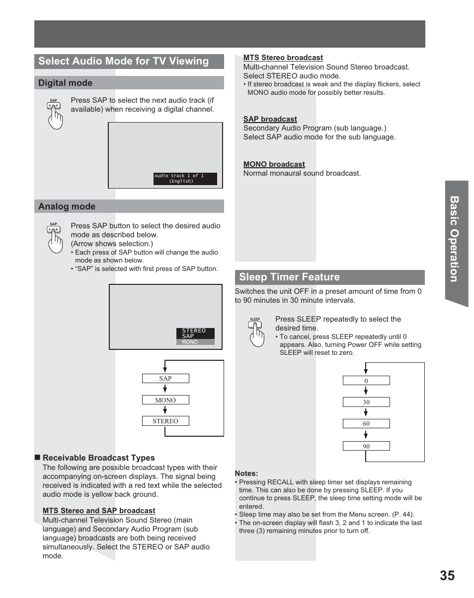 Basic operation, Select audio mode for tv viewing, Sleep timer feature | Digital mode, Analog mode | Panasonic PT 56DLX25 User Manual | Page 35 / 80
