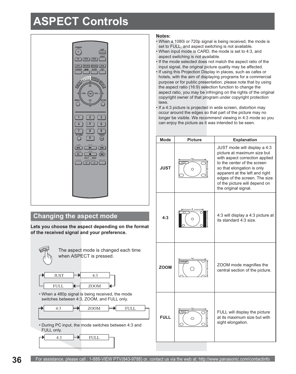 Aspect controls, Aspect con trols, Changing the aspect mode | Panasonic PT 56DLX25 User Manual | Page 36 / 80