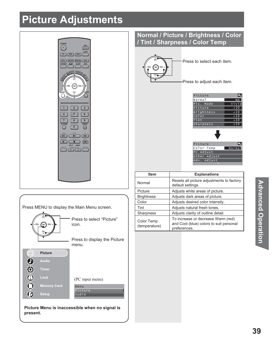 Advanced operation, Picture adjustments, Advanced op eration | Pc input menu) | Panasonic PT 56DLX25 User Manual | Page 39 / 80