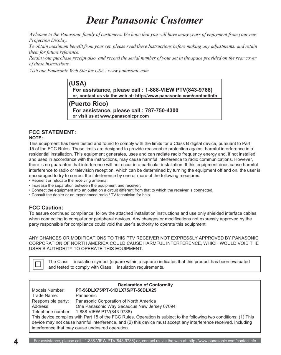 Dear panasonic customer, Usa), Puerto rico) | Panasonic PT 56DLX25 User Manual | Page 4 / 80