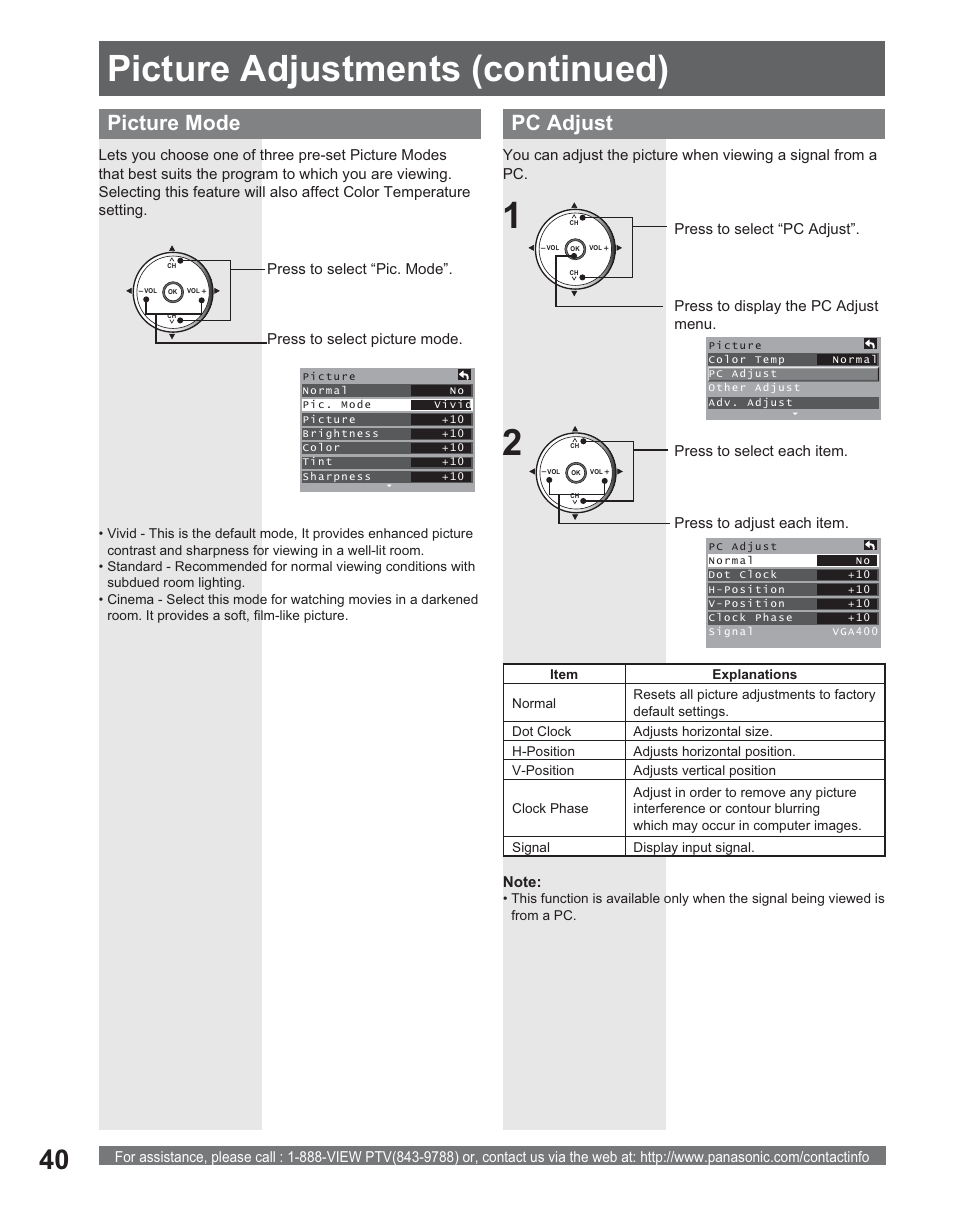 Picture adjustments (continued), Pc adjust, Picture mode | Panasonic PT 56DLX25 User Manual | Page 40 / 80
