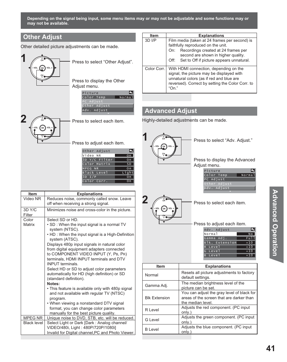 Advanced op eration, Advanced adjust, Other adjust | Panasonic PT 56DLX25 User Manual | Page 41 / 80
