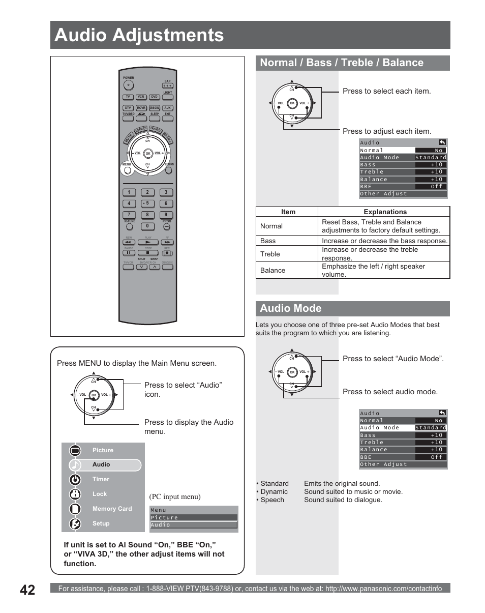Audio adjustments, Audio ad justments, Normal / bass / treble / balance | Audio mode, Pc input menu) | Panasonic PT 56DLX25 User Manual | Page 42 / 80
