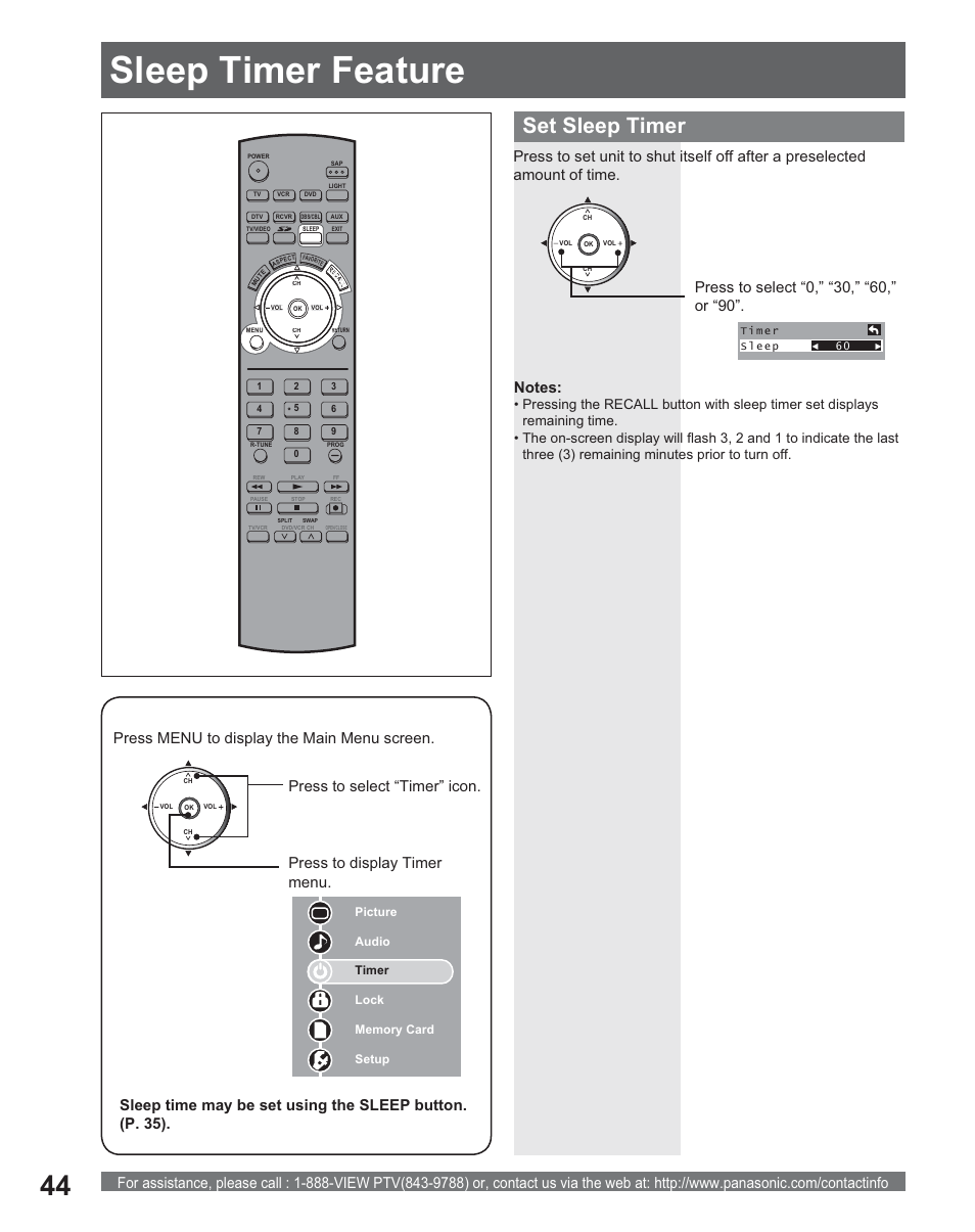 Sleep timer feature, Set sleep timer | Panasonic PT 56DLX25 User Manual | Page 44 / 80
