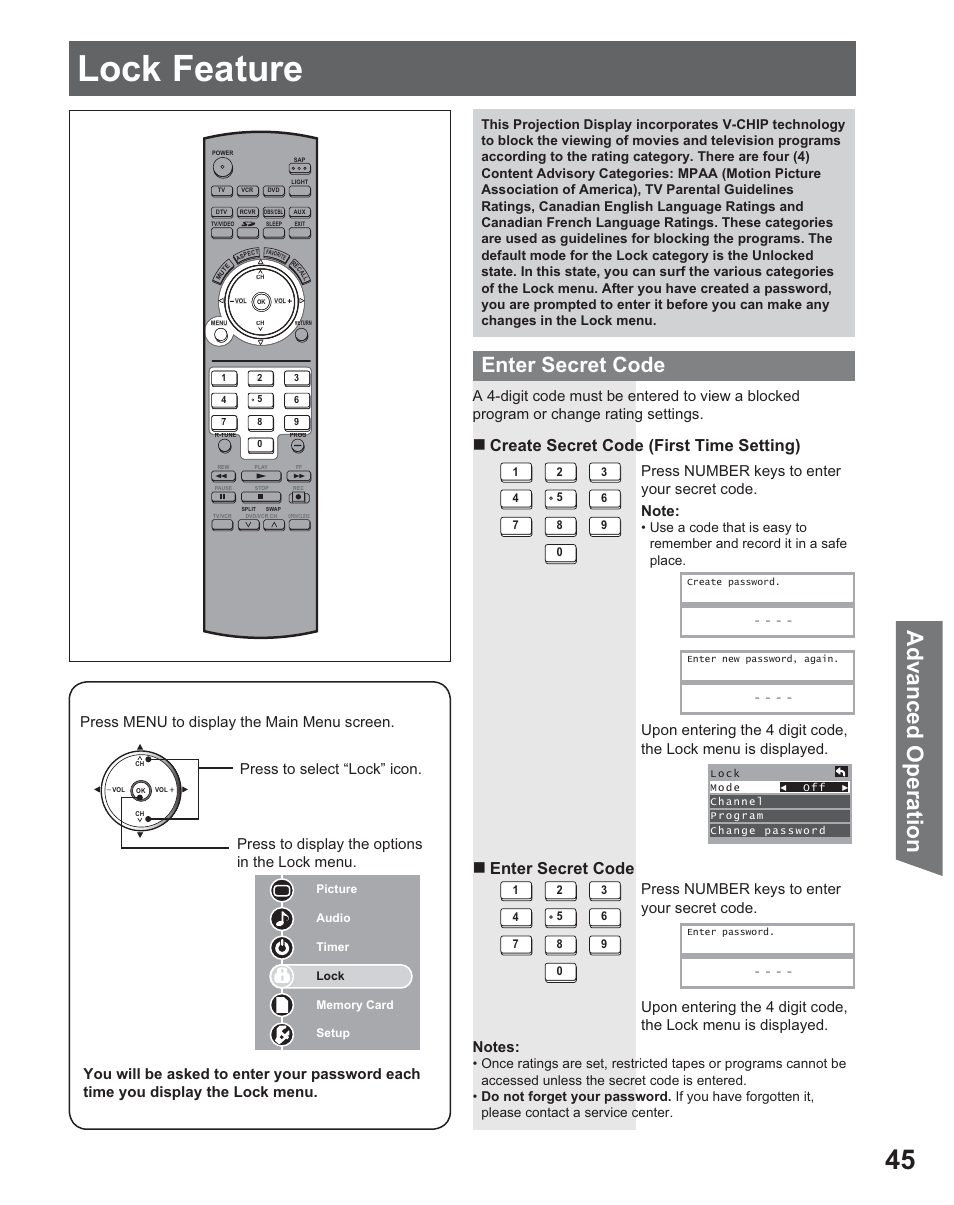 Lock feature, Advanced op eration, Enter secret code | Create secret code (first time setting), Press number keys to enter your secret code | Panasonic PT 56DLX25 User Manual | Page 45 / 80