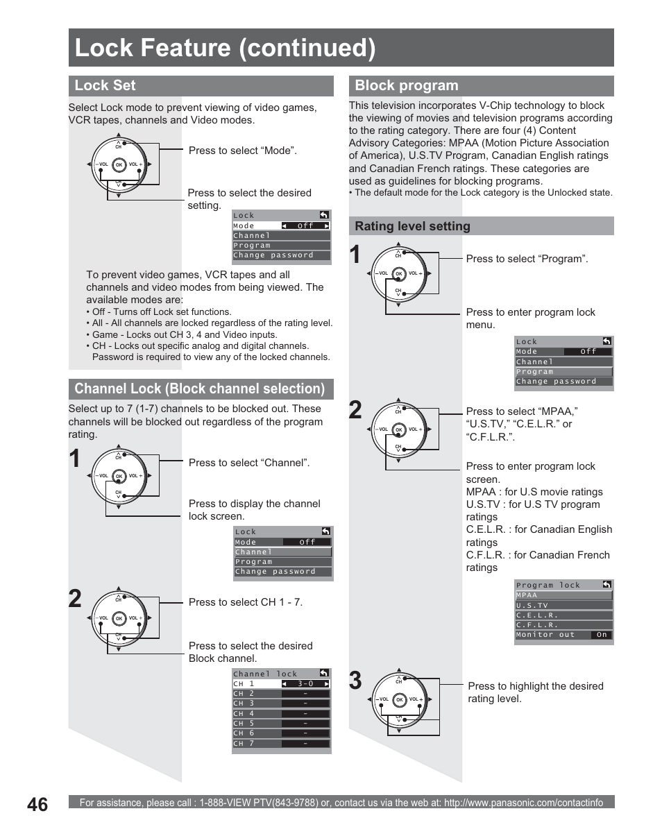 Lock set, Channel lock (block channel selection), Block program | Rating level setting | Panasonic PT 56DLX25 User Manual | Page 46 / 80