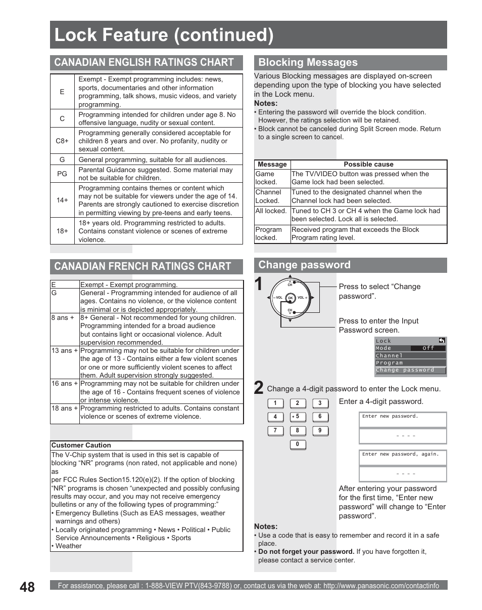 12 lock feature (continued), Canadian english ratings chart, Blocking messages | Change password, Canadian french ratings chart | Panasonic PT 56DLX25 User Manual | Page 48 / 80