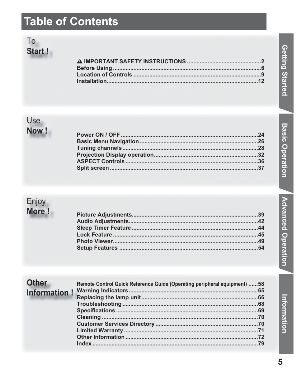 Panasonic PT 56DLX25 User Manual | Page 5 / 80