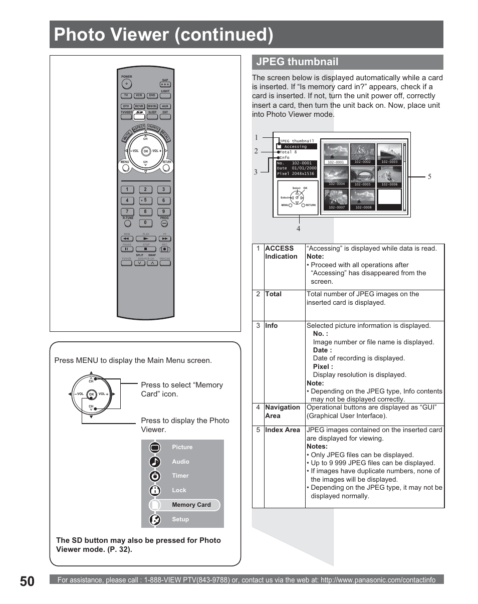 Photo viewer (continued), Jpeg thumbnail | Panasonic PT 56DLX25 User Manual | Page 50 / 80