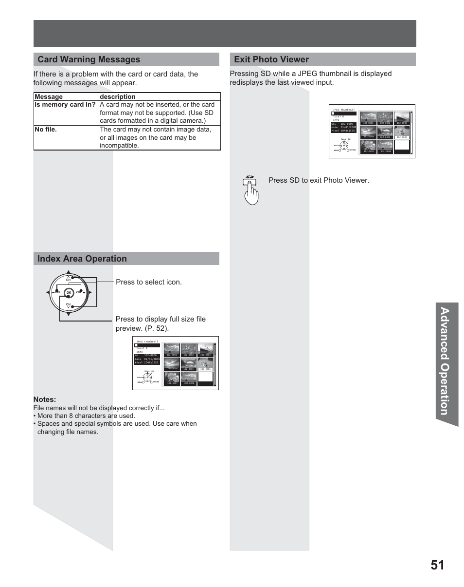 Advanced op eration, Exit photo viewer index area operation, Card warning messages | Panasonic PT 56DLX25 User Manual | Page 51 / 80