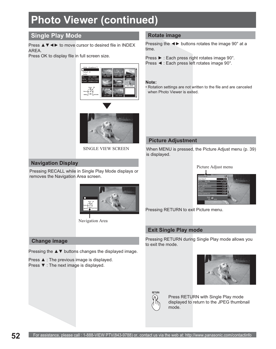 Photo viewer (continued), Single play mode, Picture adjustment | Exit single play mode change image rotate image, Navigation display, Navigation area | Panasonic PT 56DLX25 User Manual | Page 52 / 80