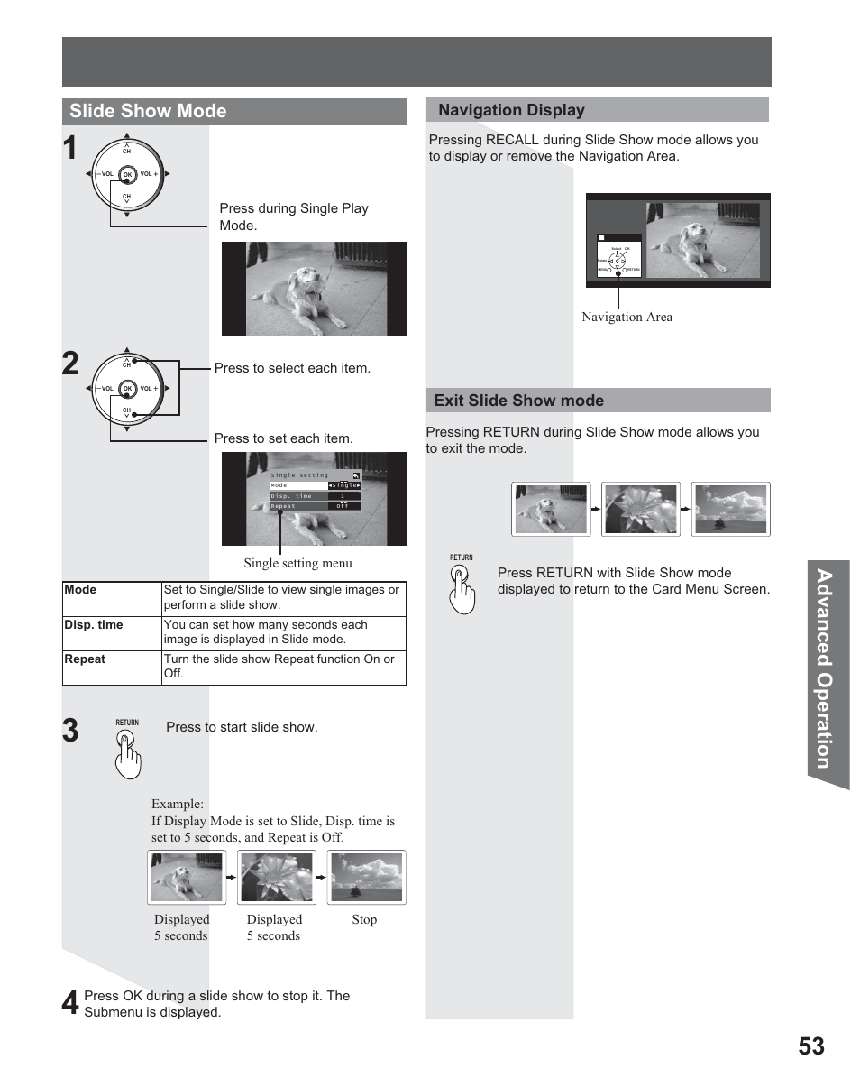 Advanced op eration, Slide show mode, Exit slide show mode navigation display | Panasonic PT 56DLX25 User Manual | Page 53 / 80