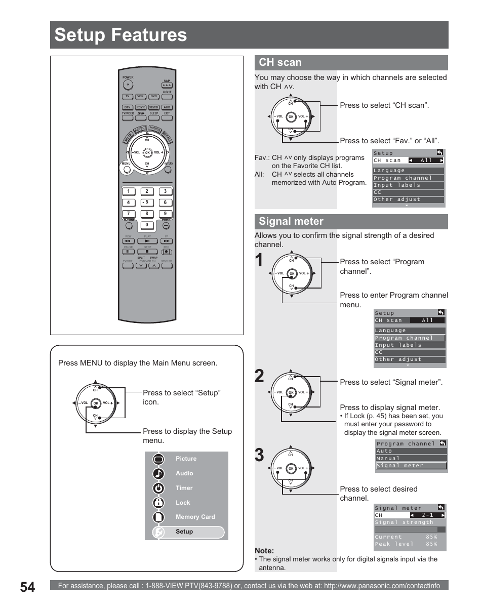 Setup features, 21 setup features, Signal meter | Ch scan, Press to select desired channel | Panasonic PT 56DLX25 User Manual | Page 54 / 80