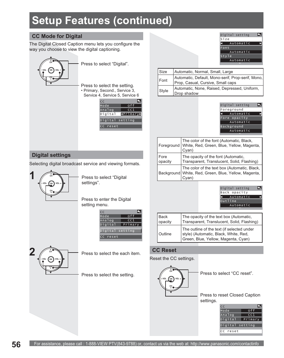 Setup features (continued), Cc mode for digital, Digital settings | Cc reset | Panasonic PT 56DLX25 User Manual | Page 56 / 80