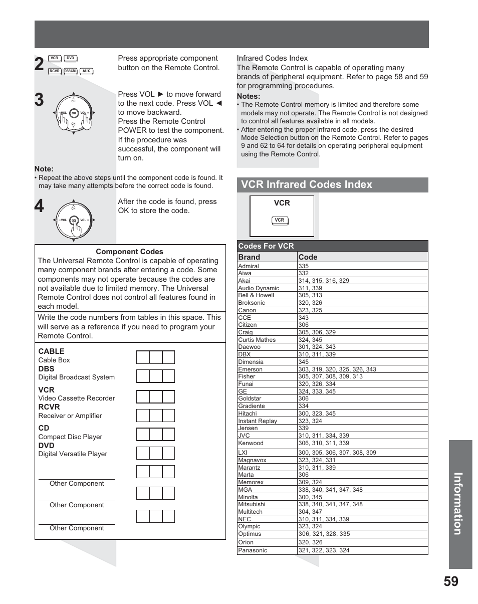 Information, Vcr infrared codes index | Panasonic PT 56DLX25 User Manual | Page 59 / 80