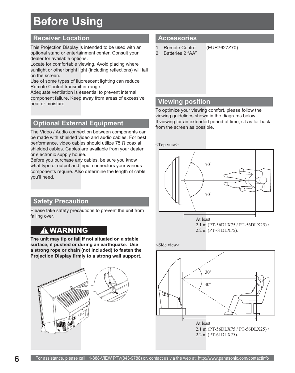 Before using, Warning, Accessories | Viewing position, Receiver location, Optional external equipment, Safety precaution | Panasonic PT 56DLX25 User Manual | Page 6 / 80