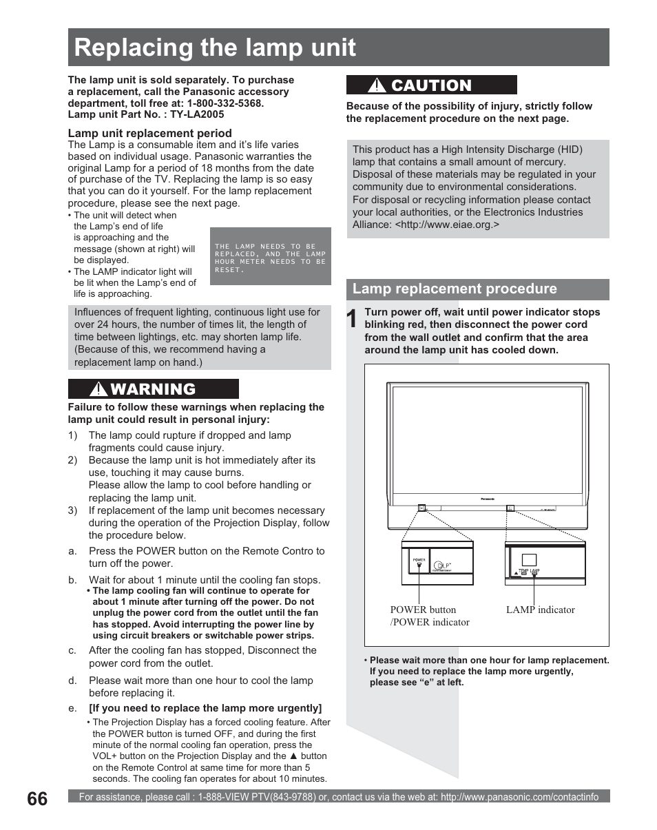 Replacing the lamp unit, Warning, Caution | Lamp replacement procedure | Panasonic PT 56DLX25 User Manual | Page 66 / 80