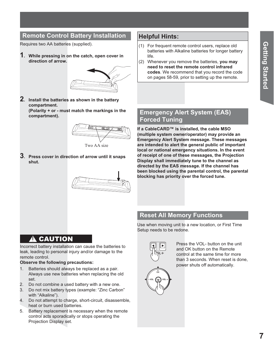 Getting start ed, Caution, Emergency alert system ( eas) forced tuning | Remote control battery installation, Helpful hints | Panasonic PT 56DLX25 User Manual | Page 7 / 80
