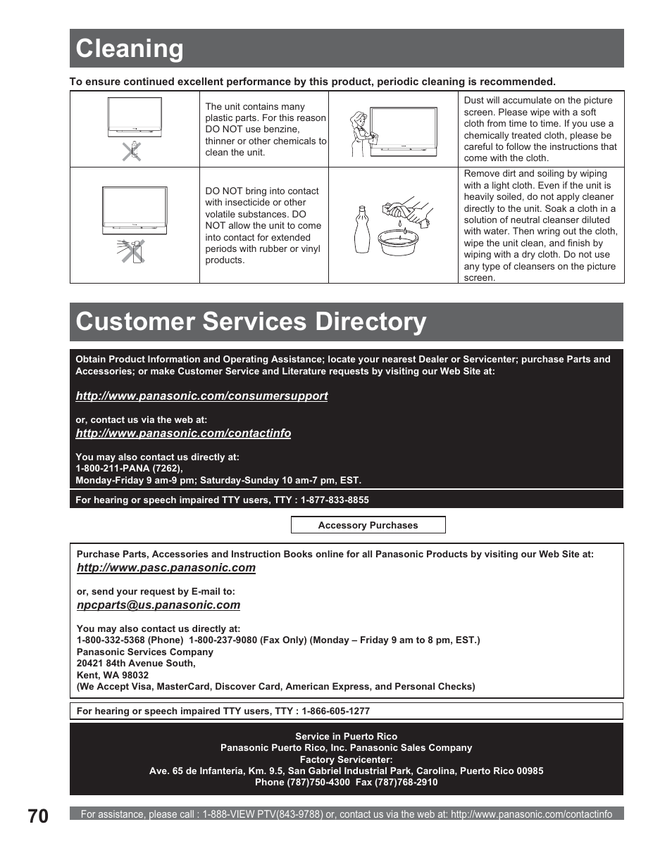 Cleaning, Customer services directory, Cleaning customer services directory | Panasonic PT 56DLX25 User Manual | Page 70 / 80