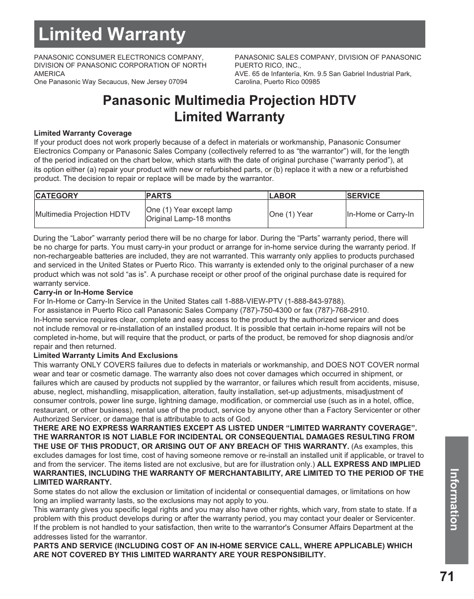 Limited warranty, Information | Panasonic PT 56DLX25 User Manual | Page 71 / 80
