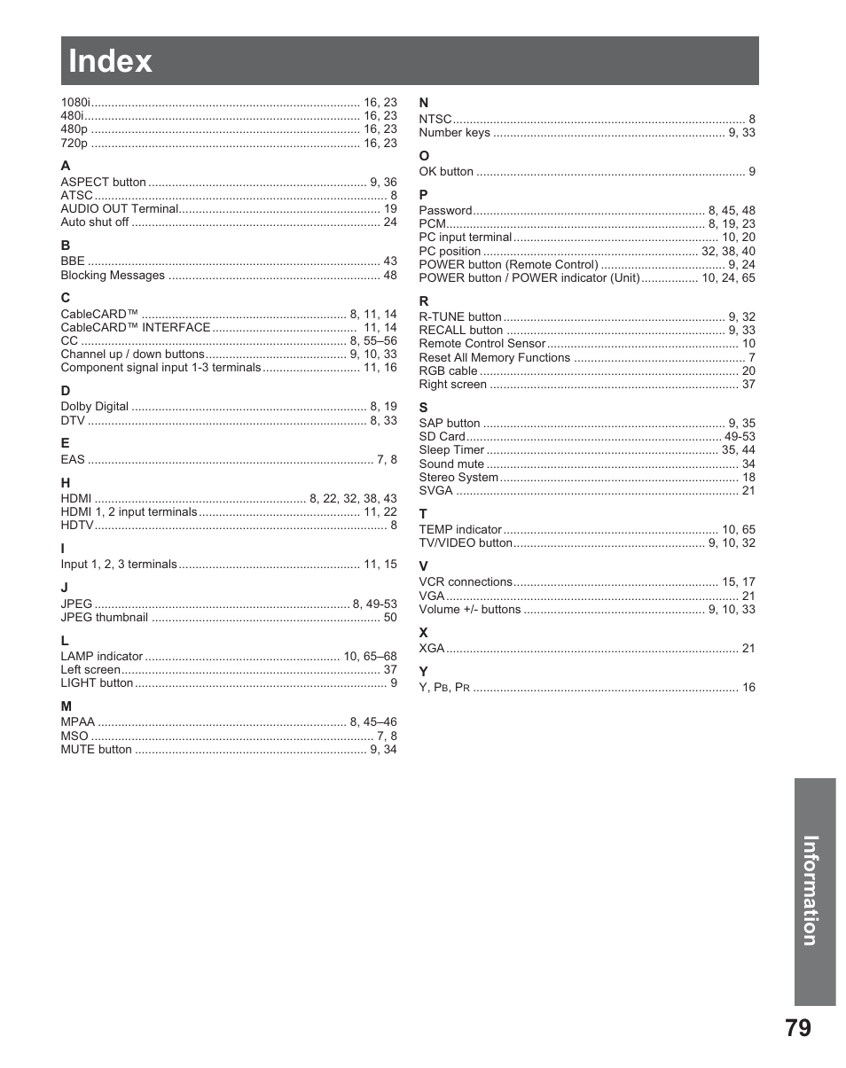 Index, Information | Panasonic PT 56DLX25 User Manual | Page 79 / 80