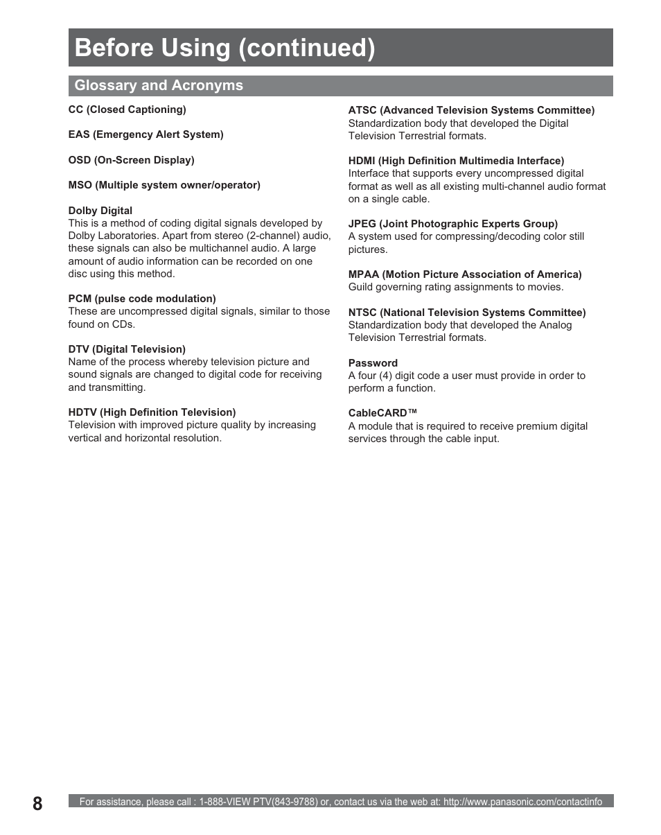 Before using (continued), Glossary and acronyms | Panasonic PT 56DLX25 User Manual | Page 8 / 80
